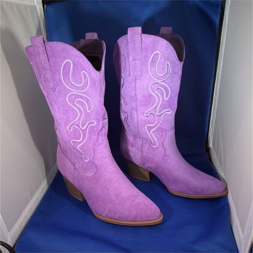 Purple Faux Suede Western Mid-Calf Boots Embroidered Pull On Pointed Toe Women